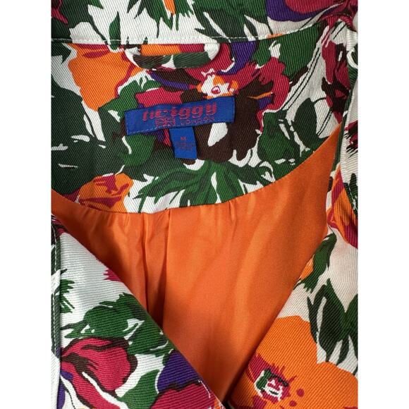 Twiggy London Red Floral Moto Zip Crop Denim Jean Jacket White Medium Spring - Picture 3 of 5